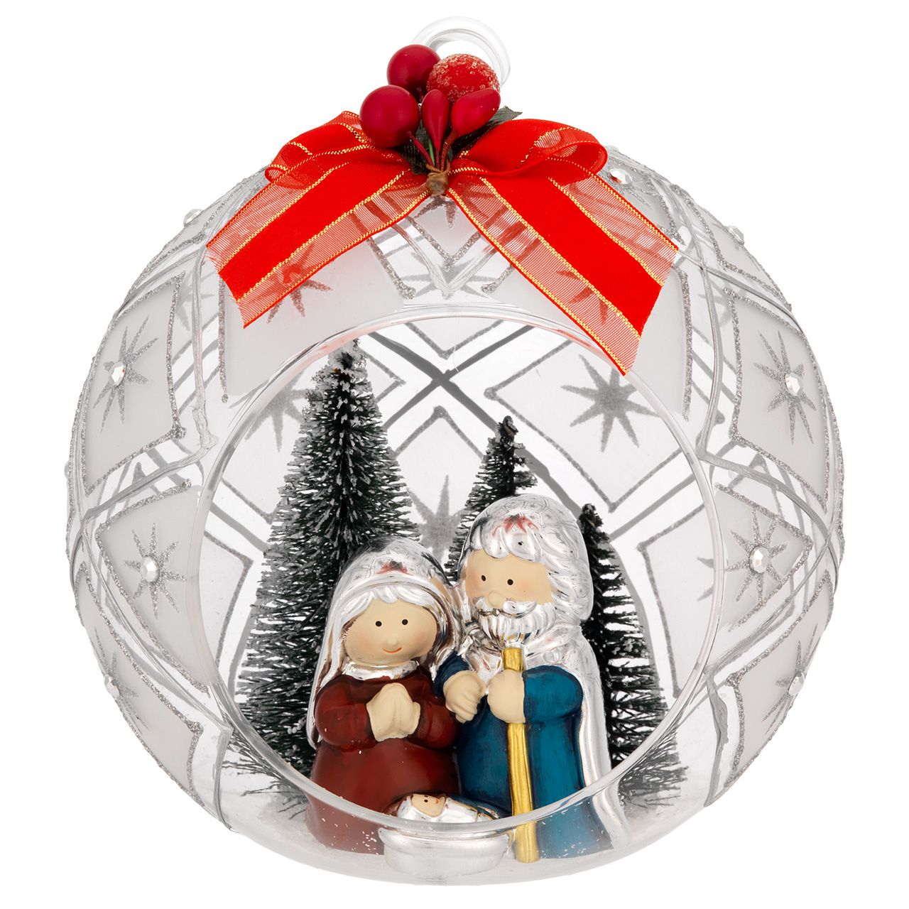 SFERA APERTA DECO ARGENTO D. 150 CON ALBERELLI E PRESEPE H. 75